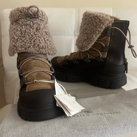 NWB Brunello Cucinelli Women Shearling Insert leather Ankle Boots Made Italy 38 - Picture 3 of 13